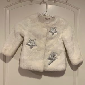 Cat & Jack white faux fur coat silver glitter appliqué stars and lighting bolt!